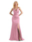 Elegant V-neck Criss Cross Soft Satin Side Slit Long Mermaid Prom Dresses Online
