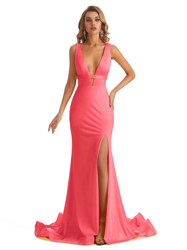 Aleah - Mauve Fitted Mermaid Backless Gown with Slit & Plunge Neck