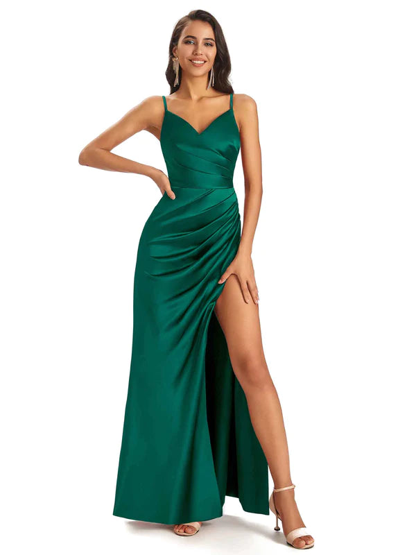 Mix and Match Emerald Sexy Side Slit Mermaid Soft Satin Long Bridesmaid Dresses Online