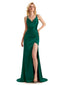 Elegant Spaghetti Straps V Neck Side Slit Soft Satin Long Mermaid Party Prom Dresses