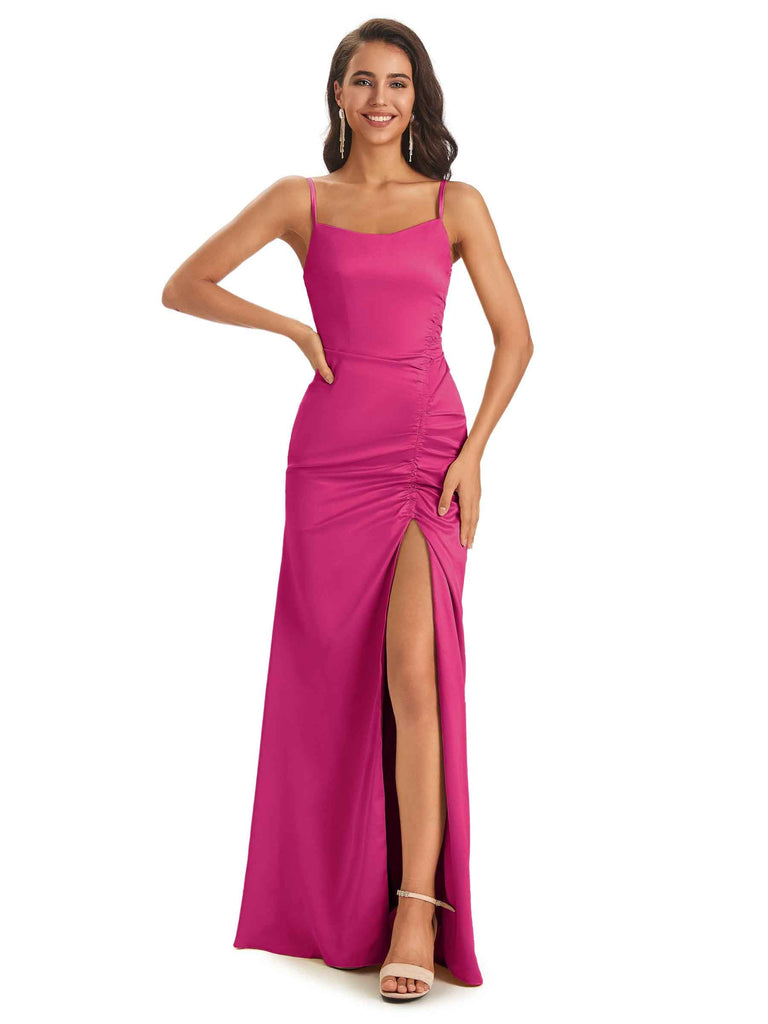 Bexley Fuchsia Mermaid Strapless Satin Prom Dress with bow tie and