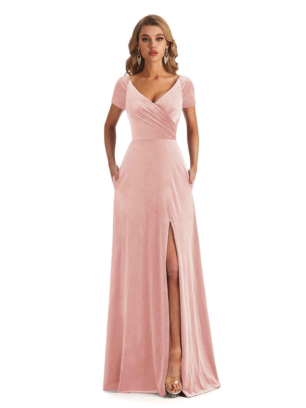 Elegant Sheath Velvet Short Sleeves Side-Slit Long Bridesmaid Dresses Online