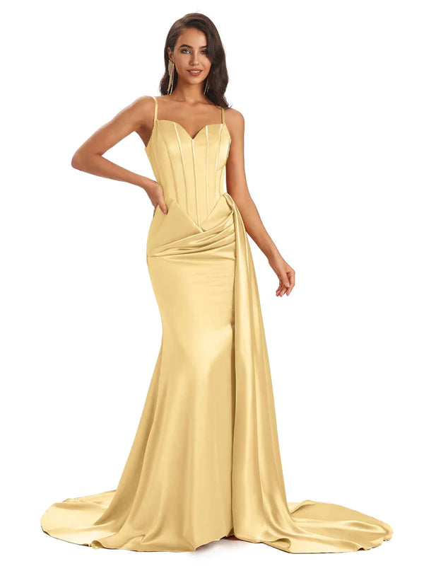 Mismatched Gold Sexy Side Slit Mermaid Soft Satin Long Bridesmaid Dres - ChicSew Mismatched Gold Sexy Side Slit Mermaid Soft Satin Long Bridesmaid Dres - ChicSew