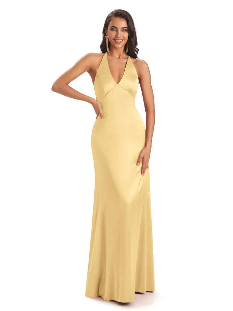 Gold Halter Neck Sexy Plunge Open Back Simple Evening Bridesmaid Dress
