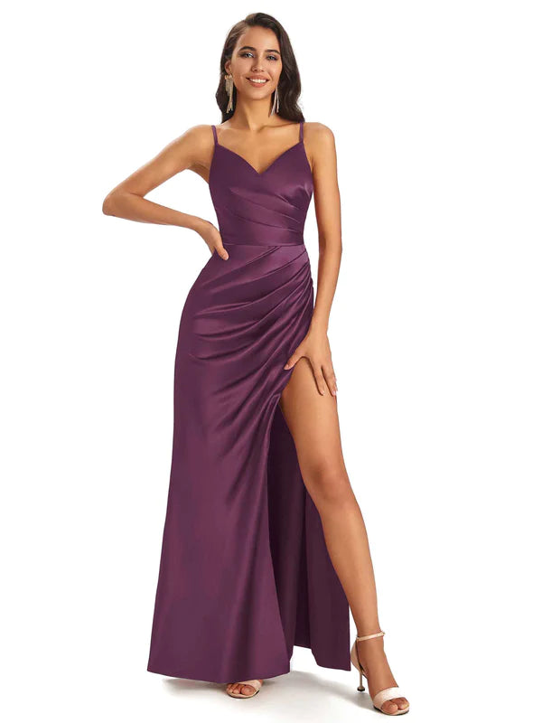 Mismatched Grape Sexy Side Slit Mermaid Soft Satin Long Bridesmaid Dre - ChicSew Mismatched Grape Sexy Side Slit Mermaid Soft Satin Long Bridesmaid Dre - ChicSew