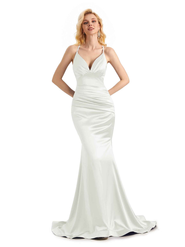 Elegant Soft Satin Mermaid Spaghetti Strap Backless Long Formal Prom Dresses  Online - ChicSew