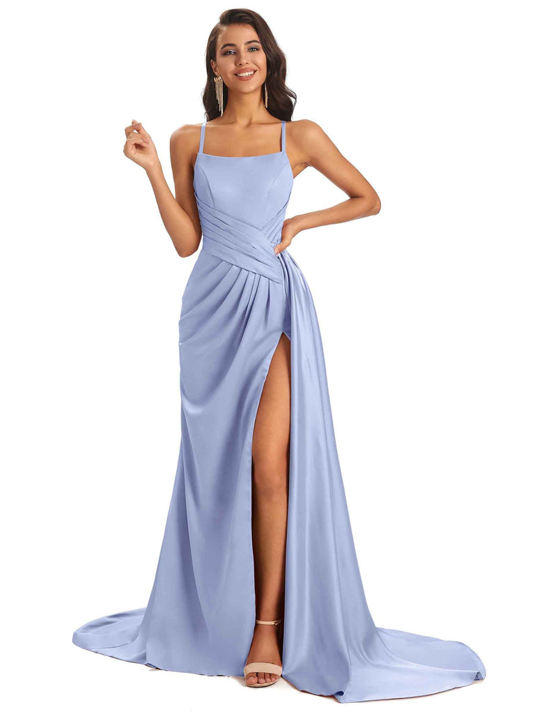 ALSLIAO Womens Sexy Satin High Slit Dress Spaghetti Strap Midi Dresses 