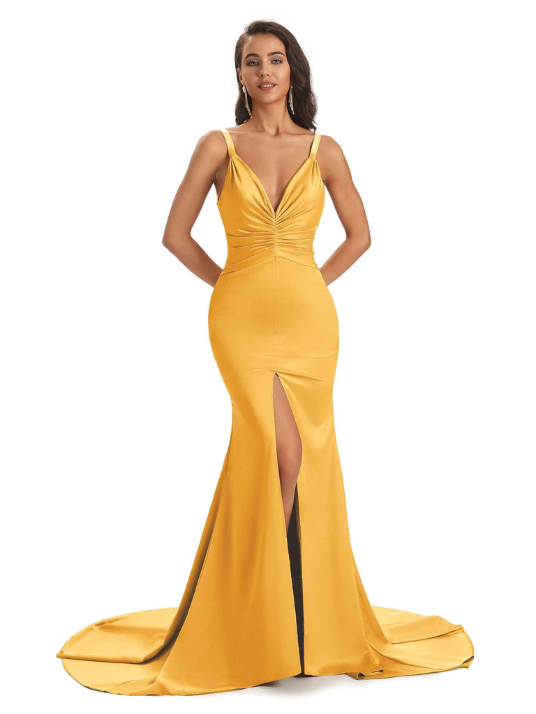 Yellow Satin Pleated Prom Dresses Mermaid Spaghetti Strap Evening Dres –  Viniodress