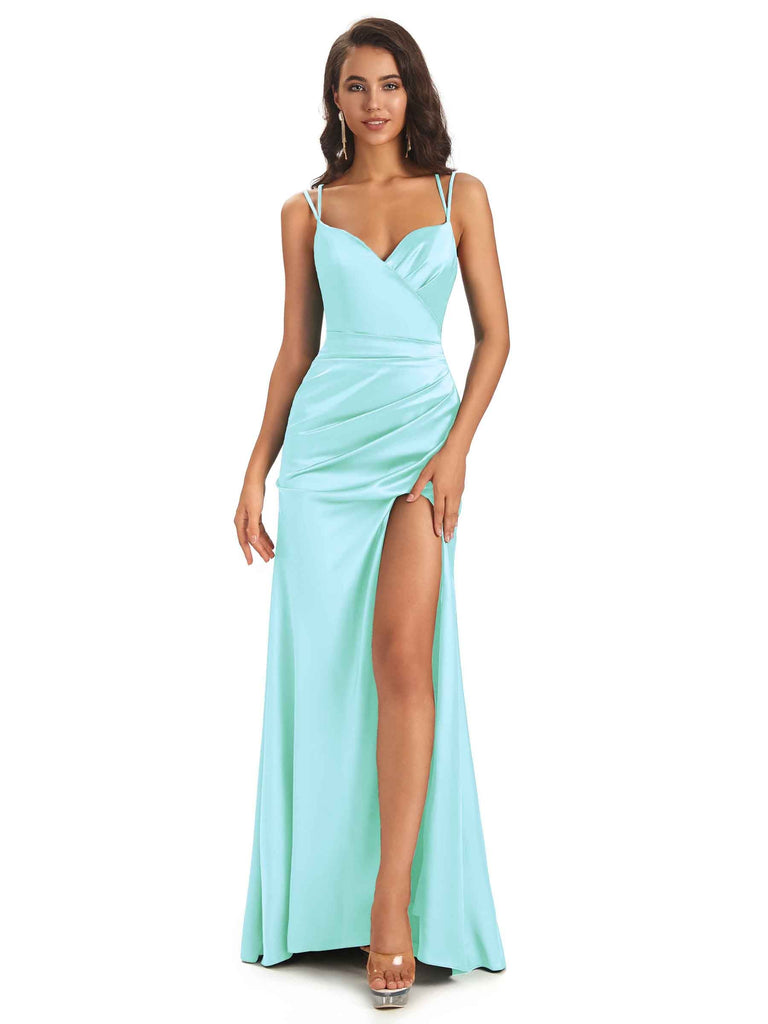 Mint Green Lace Spaghetti Straps Mermaid Prom Dress with Side Slit PD2353