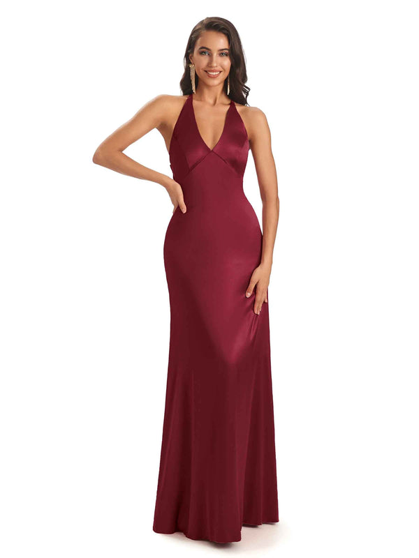 Floor-Length Soft Satin V-neck Halter Sexy African prom Dresses Online