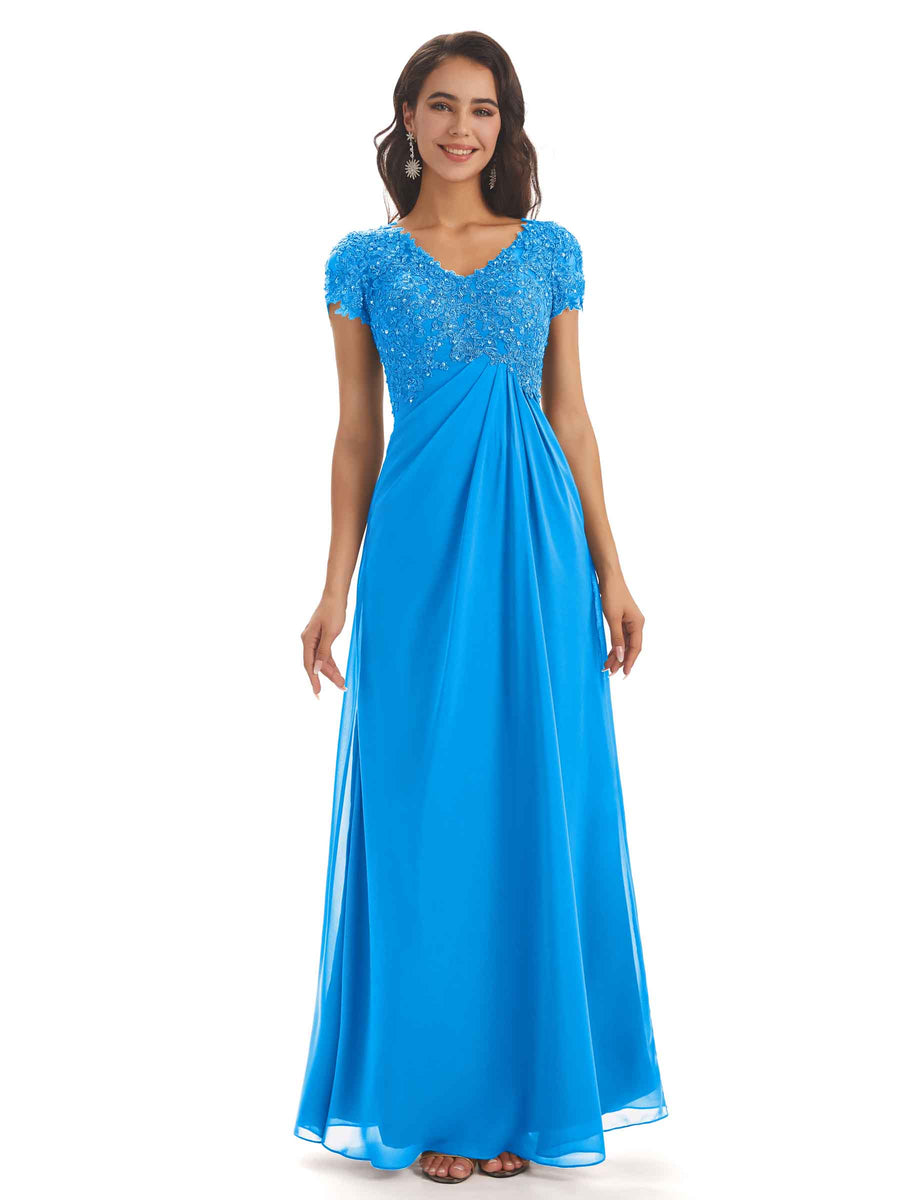 Elegant Short Sleeves Beaded Pleats A-line Floor-Length Mother of The Bride Dresses