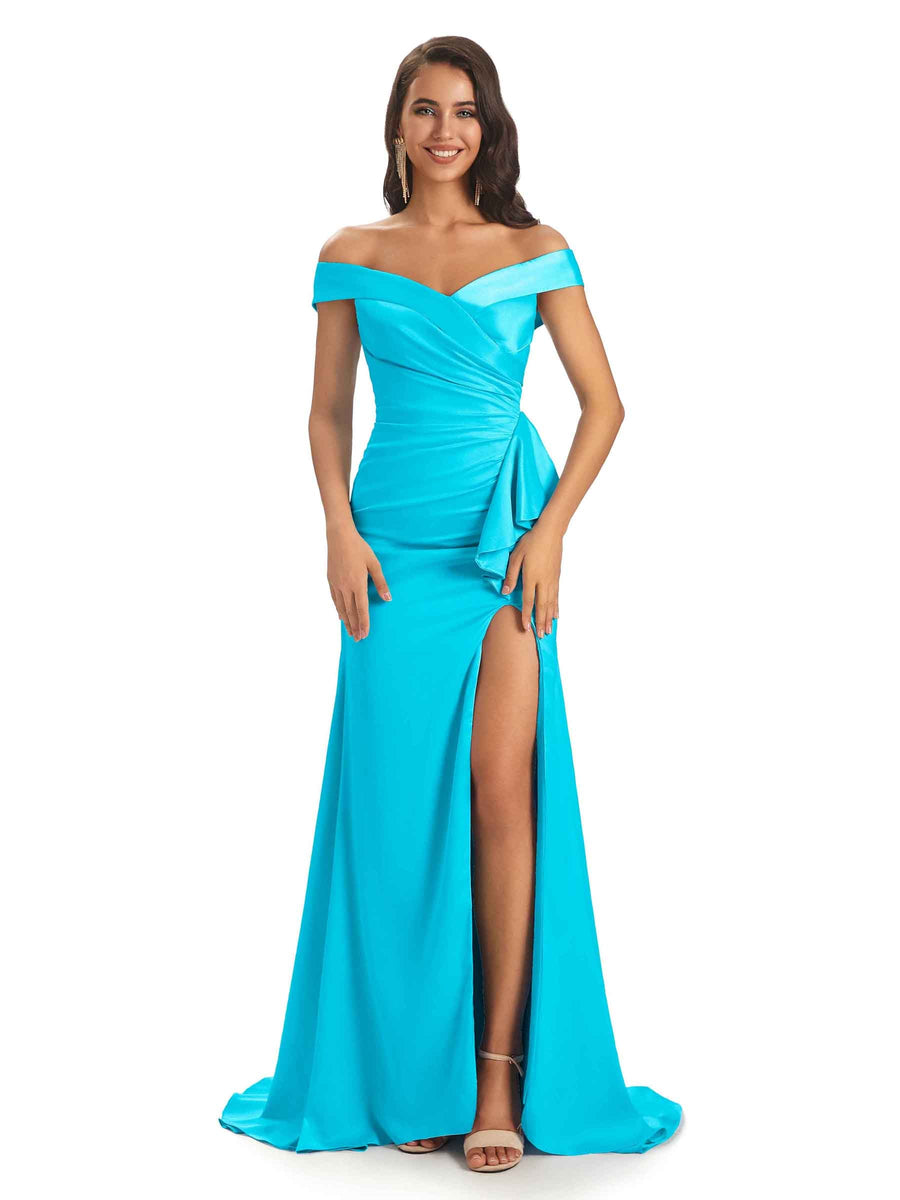 Sexy Soft Satin Side Slit Off- Shoulder Long Mermaid Wedding Bridesmaid Dresses Sale