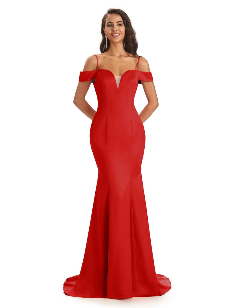 Red Shiny Satin Cowl Neck Mermaid Long Prom Dress - Promfy