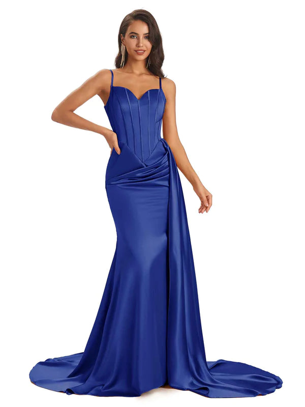 Mismatched Royal-Blue Sexy Side Slit Mermaid Soft Satin Long Bridesmaid Dresses Online