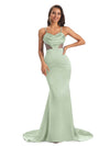 Sexy Spaghetti Straps Soft Satin Mermaid See Through Formal Prom Dresses With Slit Sale