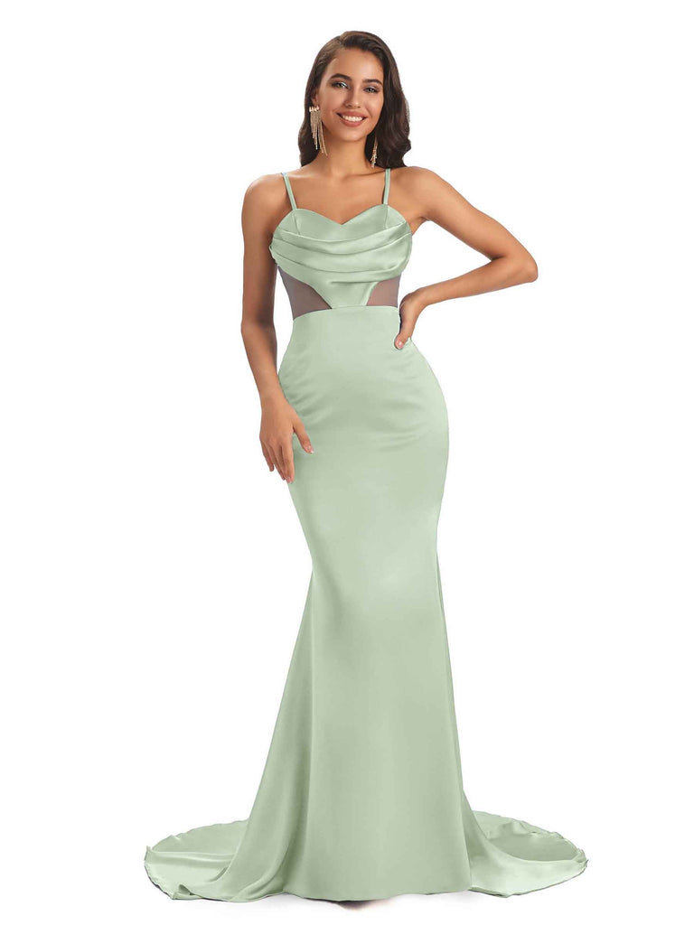 Sexy Soft Spaghetti Straps Satin Mermaid See Through Prom Dresses Online With Slit