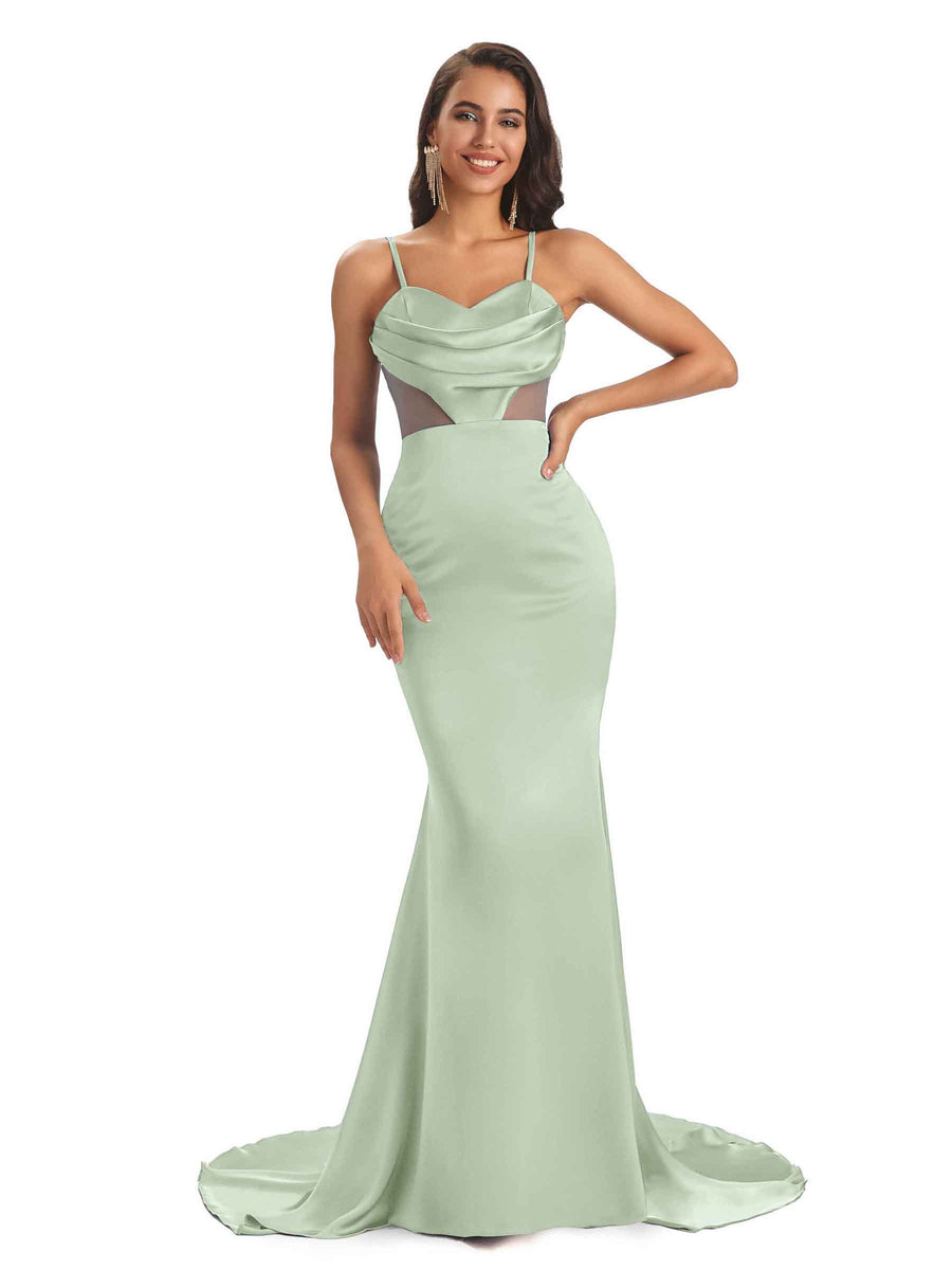 Sexy Soft Spaghetti Straps Satin Side Slit Mermaid See Through Bridesmaid Dresses Online