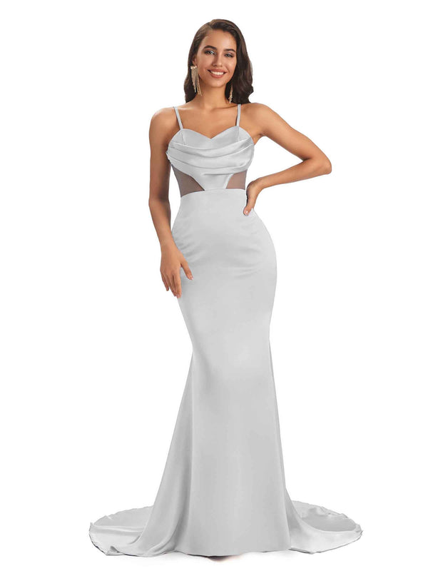 Sexy Spaghetti Straps Soft Satin Mermaid See Through Formal Prom Dresses With Slit Sale
