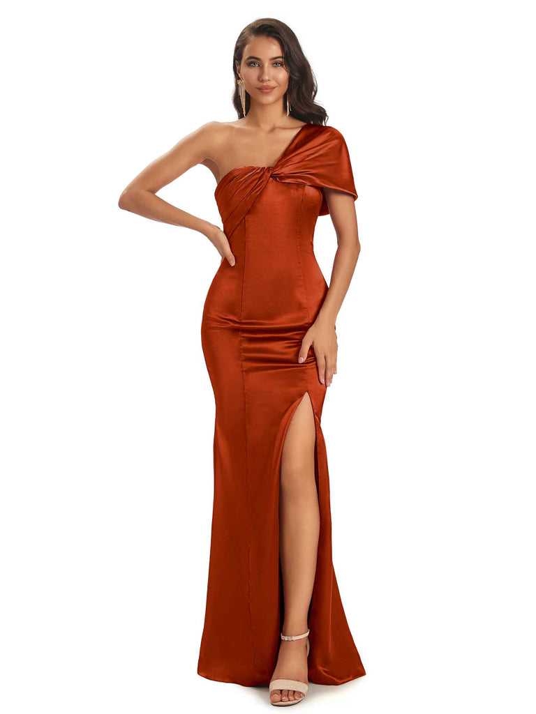 Sheath One Shoulder Rust Orange Bridesmaid Dresses Ruffles – MyChicDress