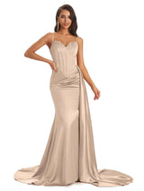 Mismatched Taupe Sexy Side Slit Mermaid Soft Satin Long Bridesmaid Dresses Online