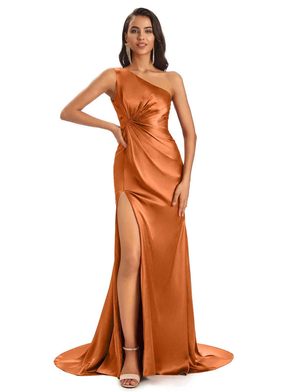 Mismatched Burnt-Orange Sexy Side Slit Mermaid Satin Long Bridesmaid Dresses Online