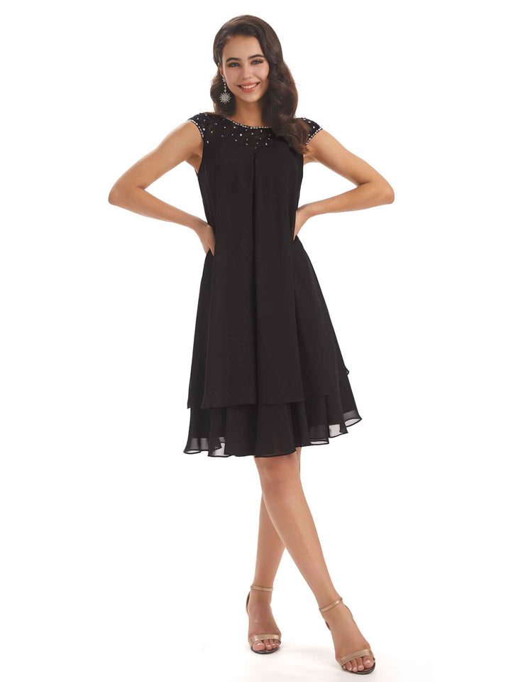 Elegant Chiffon Lace Cap Sleeve Knee Length Mother Of The Bride Dresses