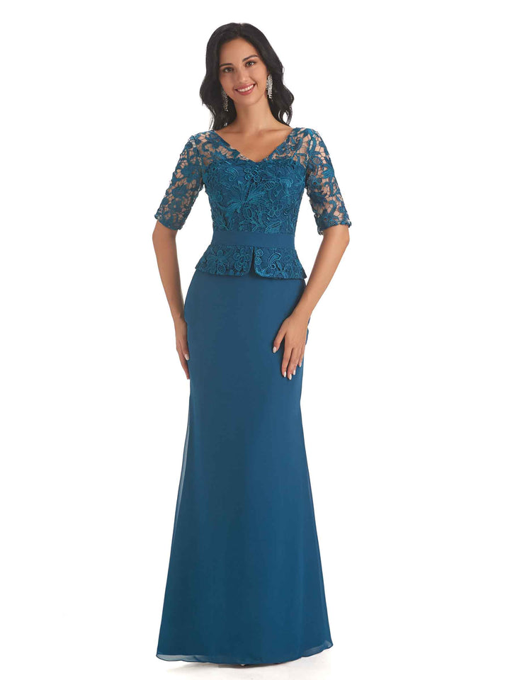 Elegant V-neck Mermaid Short Sleeves Lace Chiffon Mother of The Bride Dresses