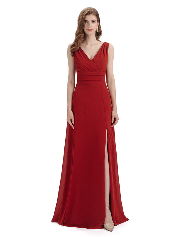 Elegant Sleeveless V-Neck Side Slit Floor-Length Long Bridesmaid Dresses