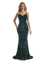 Dark Green Sequin Mermaid Spaghetti Straps V-neck Floor-length Long Party Prom Dresses