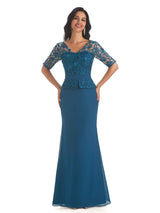 Elegant V-neck Mermaid Short Sleeves Lace Chiffon Mother of The Bride Dresses