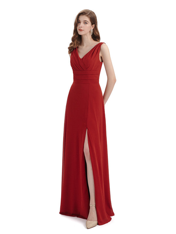 Elegant Sleeveless V-Neck Side Slit Floor-Length Long Bridesmaid Dresses