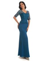 Elegant V-neck Mermaid Short Sleeves Lace Chiffon Mother of The Bride Dresses