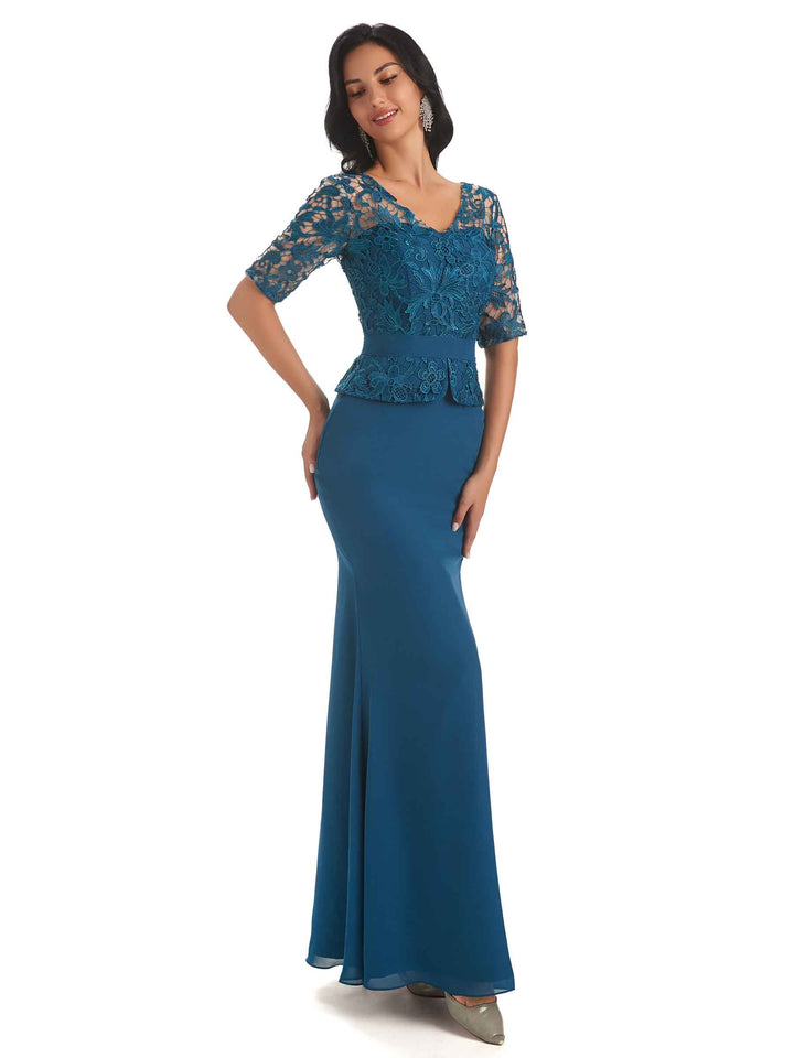 Elegant V-neck Mermaid Short Sleeves Lace Chiffon Mother of The Bride Dresses