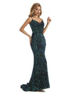 Dark Green Sequin Mermaid Spaghetti Straps V-neck Floor-length Long Party Prom Dresses