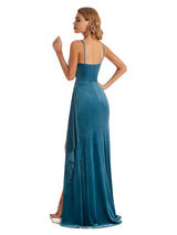 Sexy Mermaid Spaghetti Straps V-neck Backless Velvet Side Slit Long Wedding Guest Dresses