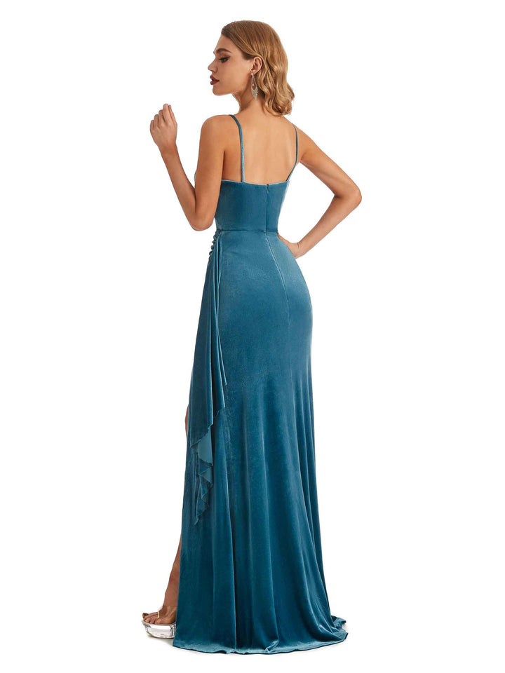 Sexy Mermaid Spaghetti Straps V-neck Backless Velvet Side Slit Long Wedding Guest Dresses