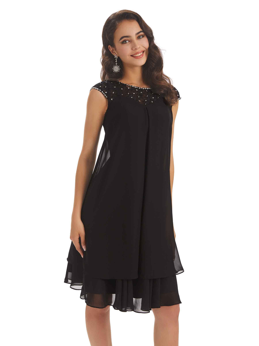 Elegant Chiffon Lace Cap Sleeve Knee Length Mother Of The Bride Dresses