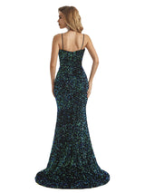 Dark Green Sequin Mermaid Spaghetti Straps V-neck Floor-length Long Party Prom Dresses