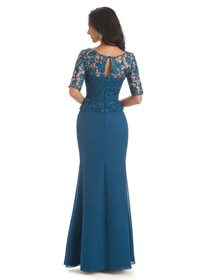 Elegant V-neck Mermaid Short Sleeves Lace Chiffon Mother of The Bride Dresses