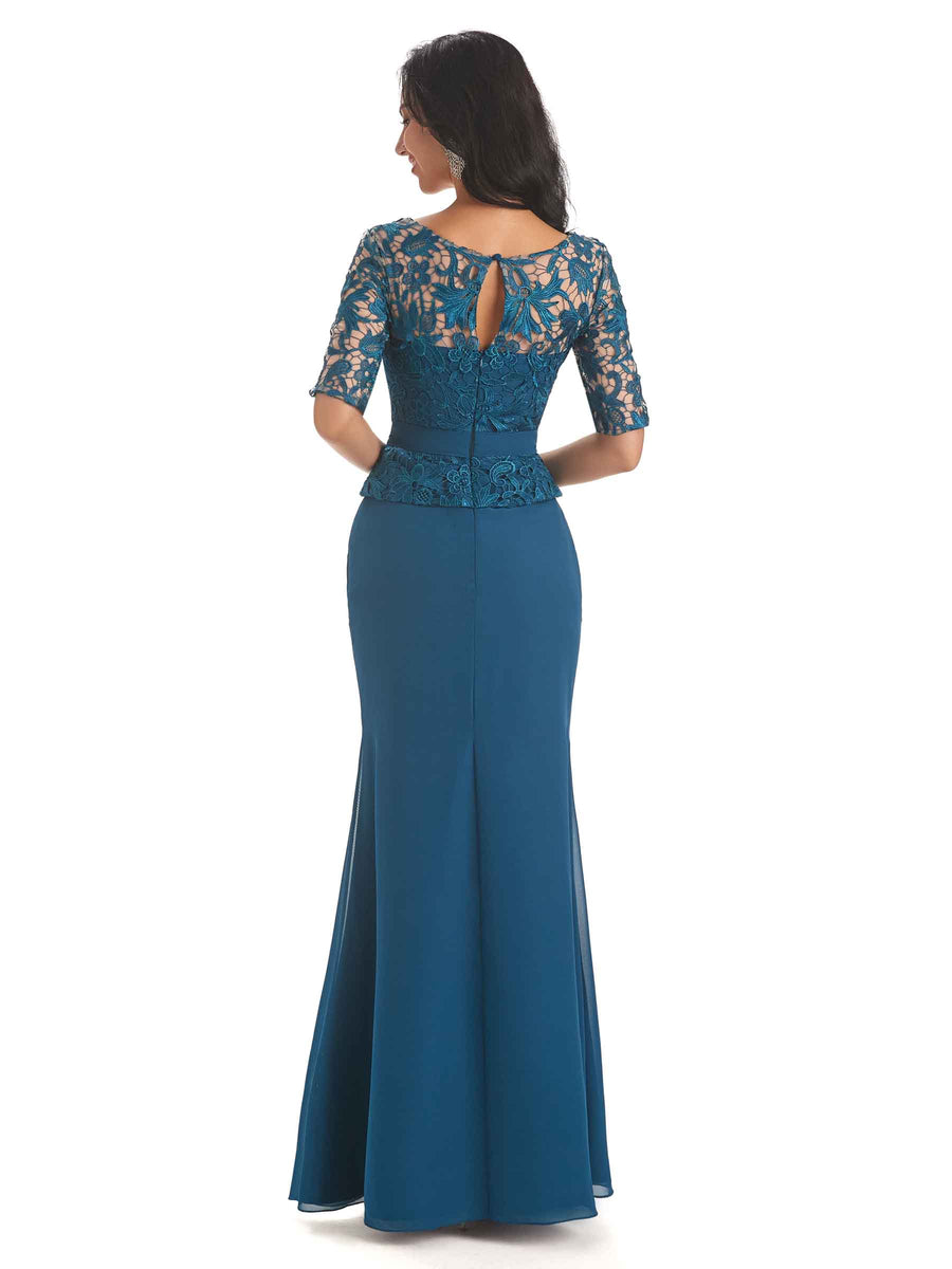 Elegant V-neck Mermaid Short Sleeves Lace Chiffon Mother of The Bride Dresses