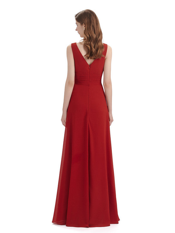 Elegant Sleeveless V-Neck Side Slit Floor-Length Long Bridesmaid Dresses