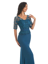 Elegant V-neck Mermaid Short Sleeves Lace Chiffon Mother of The Bride Dresses