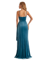 Sexy Mermaid Spaghetti Straps V-neck Backless Velvet Side Slit Long Wedding Guest Dresses