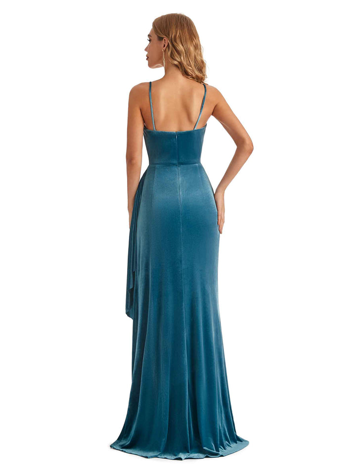 Sexy Mermaid Spaghetti Straps V-neck Backless Velvet Side Slit Long Wedding Guest Dresses