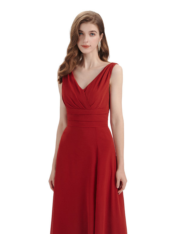 Elegant Sleeveless V-Neck Side Slit Floor-Length Long Bridesmaid Dresses