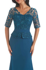 Elegant V-neck Mermaid Short Sleeves Lace Chiffon Mother of The Bride Dresses