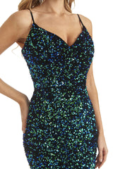 Dark Green Sequin Mermaid Spaghetti Straps V-neck Floor-length Long Party Prom Dresses