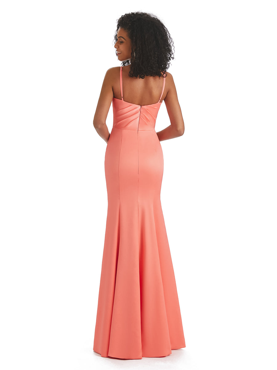 Sexy Soft Satin Spaghetti Straps V-neck Long Mermaid African Bridesmaid Dresses