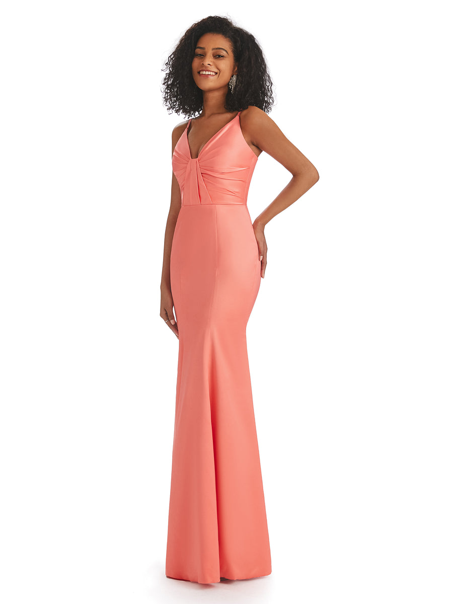 Sexy Soft Satin Spaghetti Straps V-neck Long Mermaid African Bridesmaid Dresses