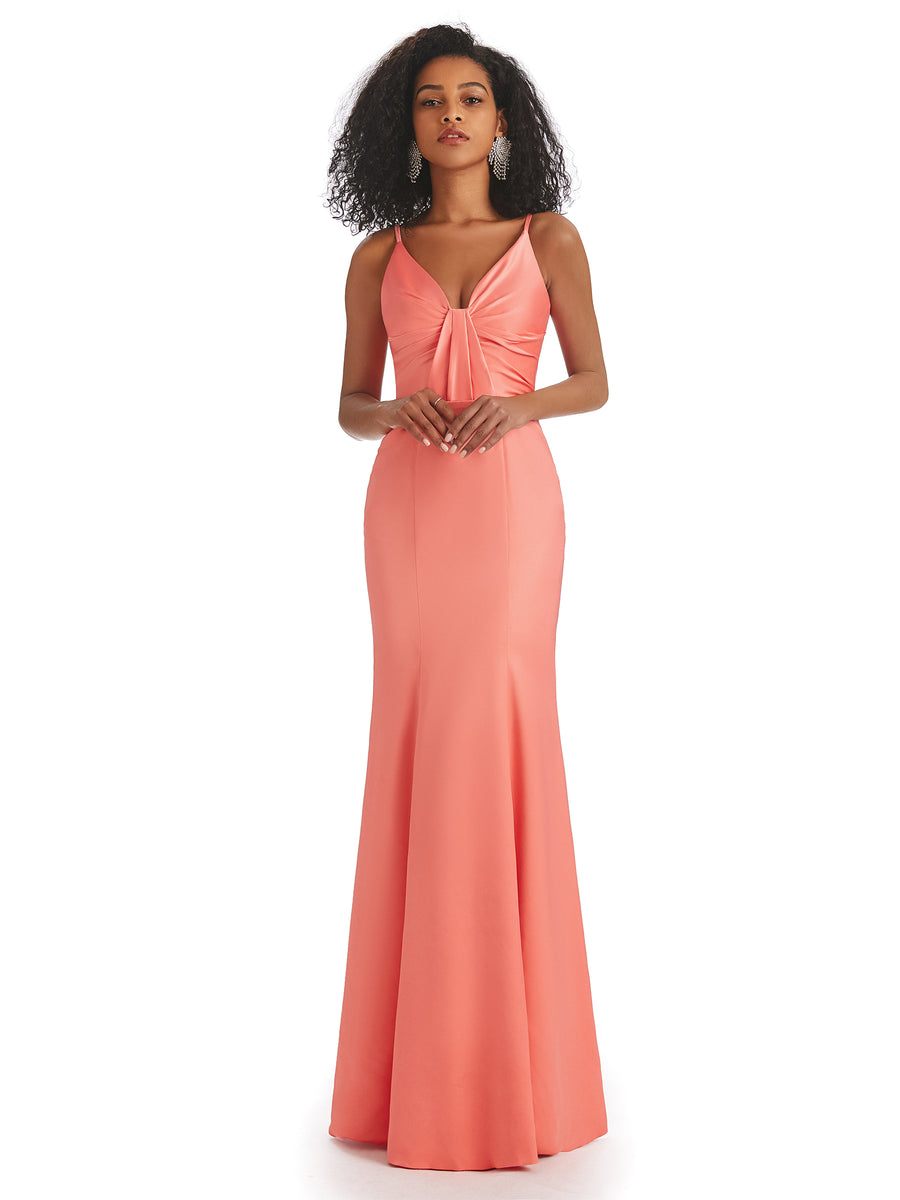 Sexy Soft Satin Spaghetti Straps V-neck Long Mermaid African Bridesmaid Dresses
